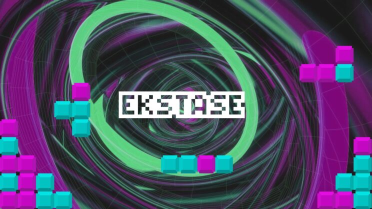Blocks of blue and magenta color surrounding the word Ekstase