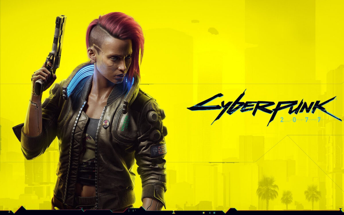 A yellow wallpaper with futuristic text that says Cyberpunk. A cyborg looking woman is looking off to the side, holding a futuristic pistol and wearing combat clothing, while also rocking an awesome half-shaved pink hairstyle. She is epic. She is the future.