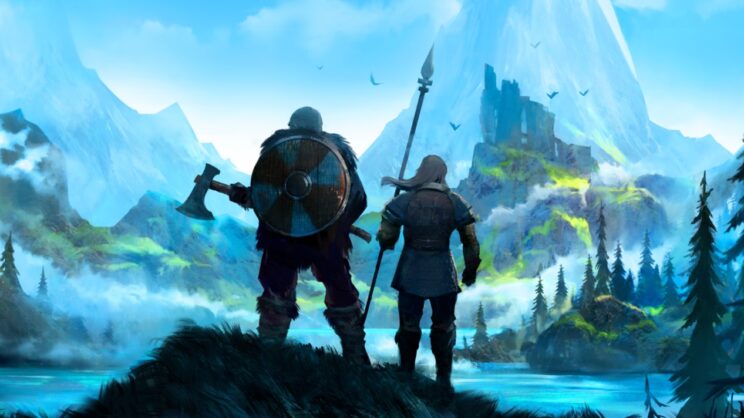 A painting of two vikings looking off to the distance at a massive mountain covered in forests, ready to be explored.